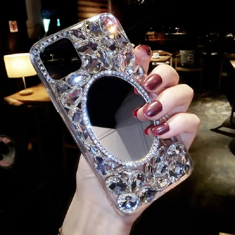 

Luxury Makeup Mirror Women's Gem Crystal Transparent Phone CaseFor iphone 13 12 11 7 8 plus mini x xs xr pro max Shell Cover