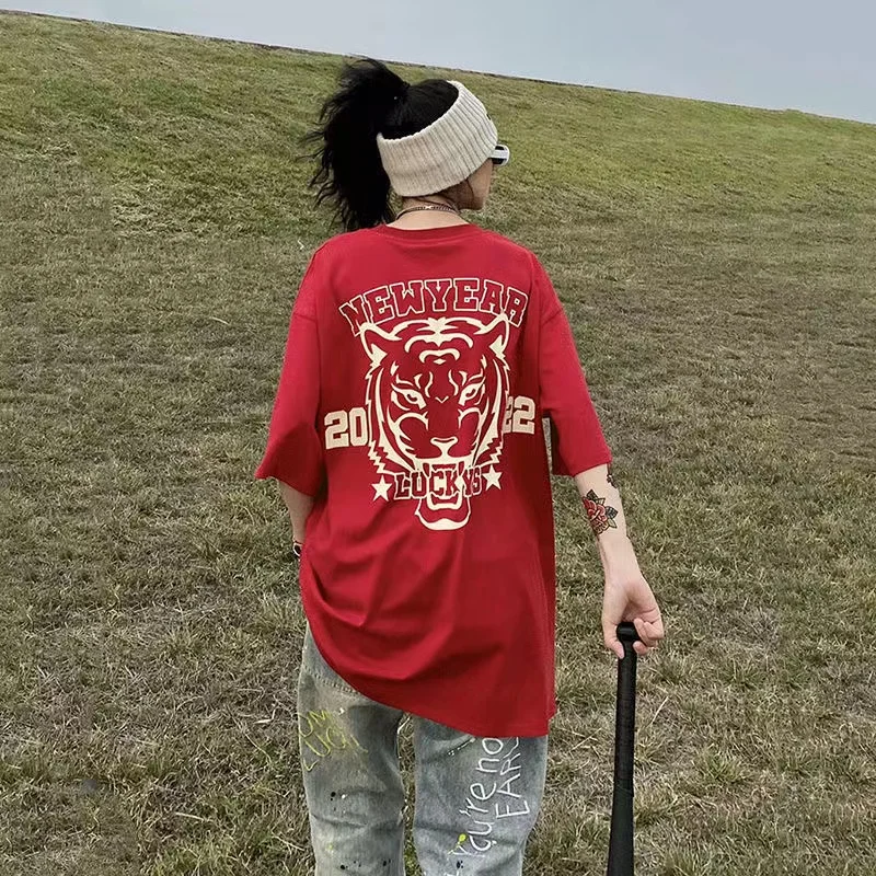 

Pure Cotton Tiger Graphic T Shirts Woman Oversize High Street Alphabet Short-Sleeved American Design Tee Femme Top