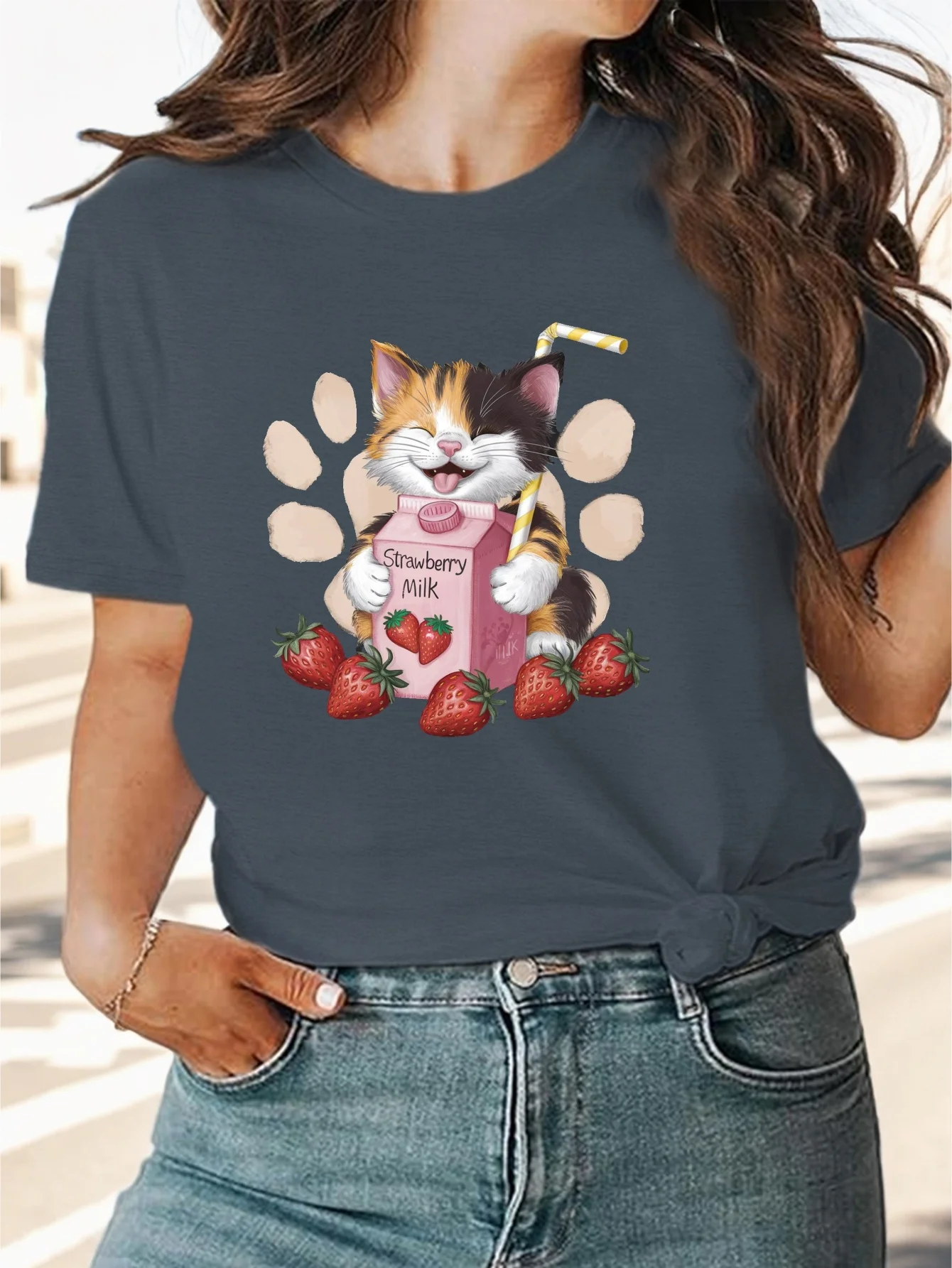 strawberries cheerful calico kitten women's comfit t-shirt