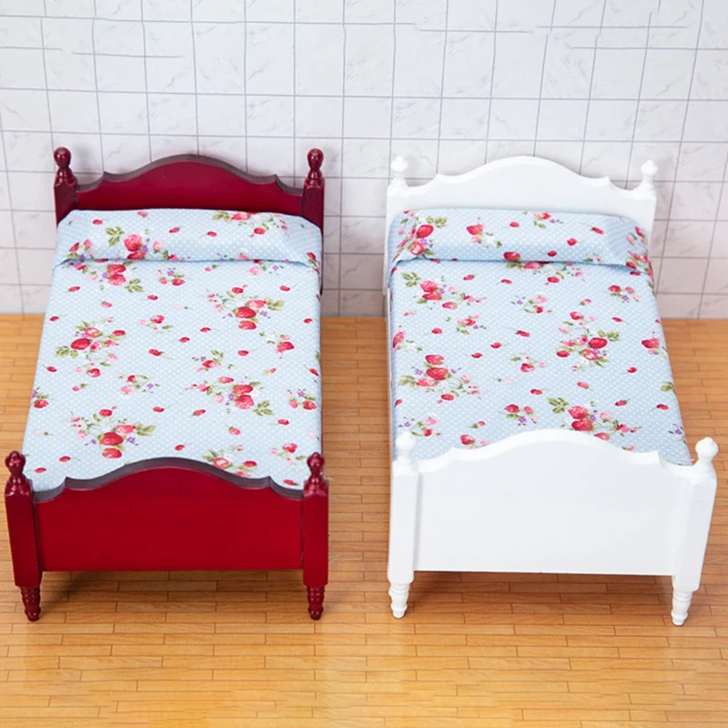

Doll House Mini Furniture Bedroom Mini Scene Model Wooden Fabric Double Bed