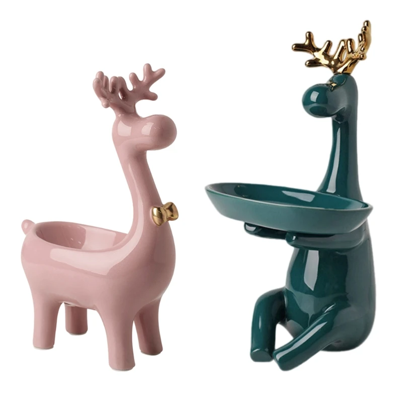 

Creative Elk Animal Desktop Ornament Key Storage Tray Ceramic Statue Decor Home