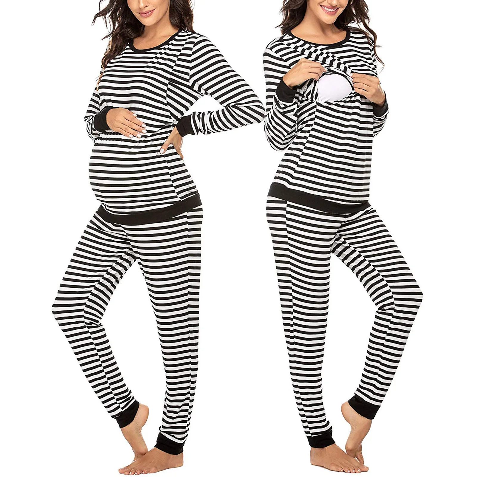 

Maternity Pregnant Women Pajamas Set Long Sleeve Stripes Nursing Nightgown Breastfeeding Tops+Adjustable Pant Pajamas Nightwear