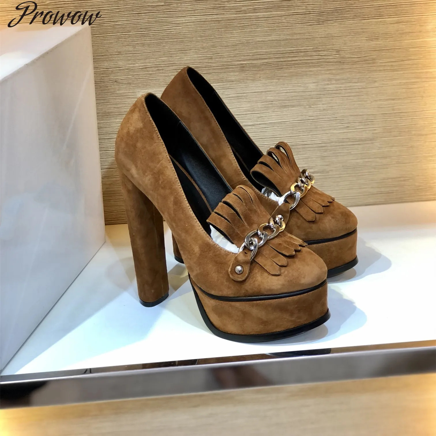 

Prowow Autumn Women Shoes Natural Kid Suede High Heels Metal Decoration Fringe Platform Shoes Shallow Slip-on Pumps Size 35-42