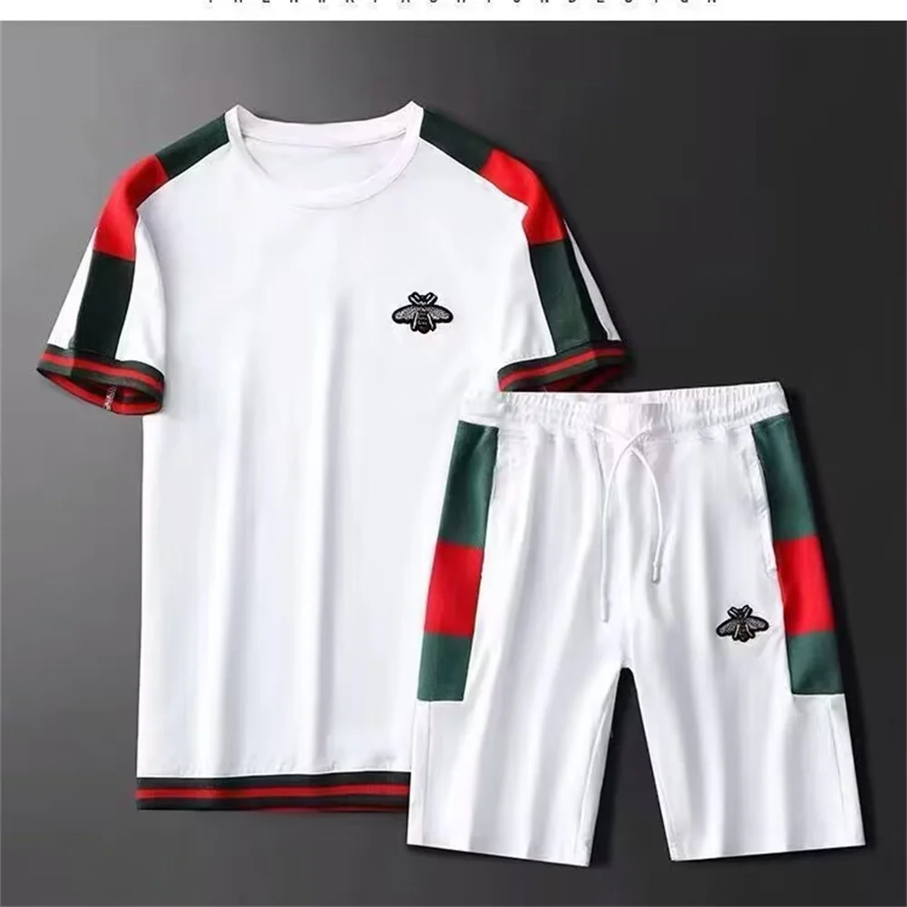 2023 new spring and summer ice silk sports tide men's suit new short sleeve T-shirt five quarter pants two-piece set