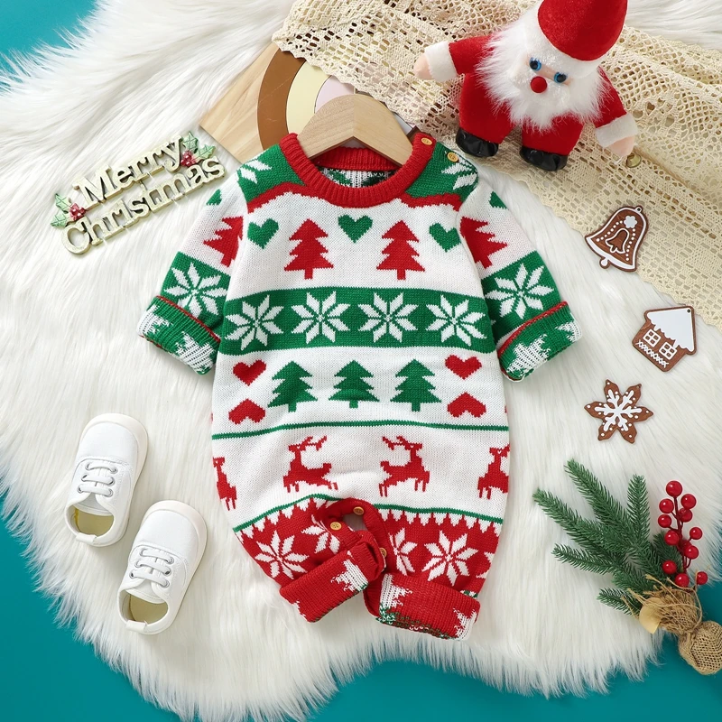 

Baby Girls Boys Sweater Rompers Christmas Clothes Christmas Tree Snowflake Deer Print Crew Neck Long Sleeve Fall Knit Bodysuits