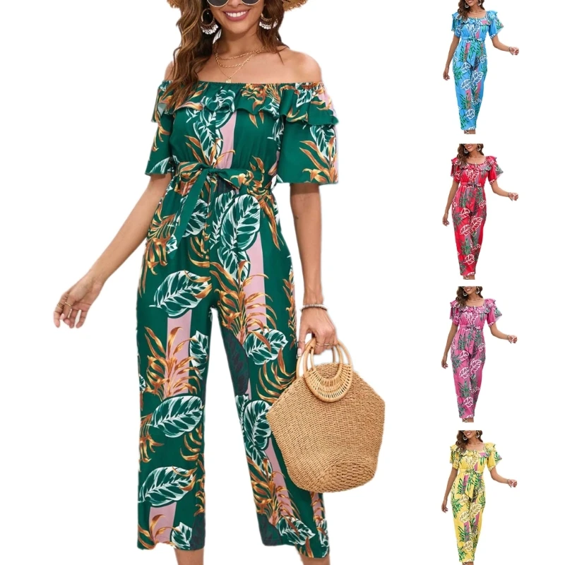 

95AB Женский Летний комбинезон с цветочным принтом с открытыми плечами и оборками с коротким рукавом с высокой талией и широкими штанинами, повседневный Свободный комбинезон, комбинезоны