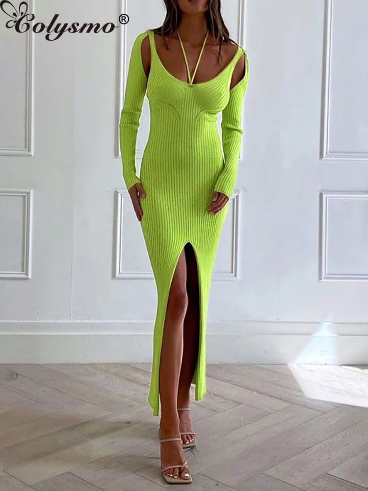 

Женское трикотажное платье в рубчик Colysmo, зеленое платье с длинным рукавом и завязками на шее, Осенние Повседневные Вечерние платья