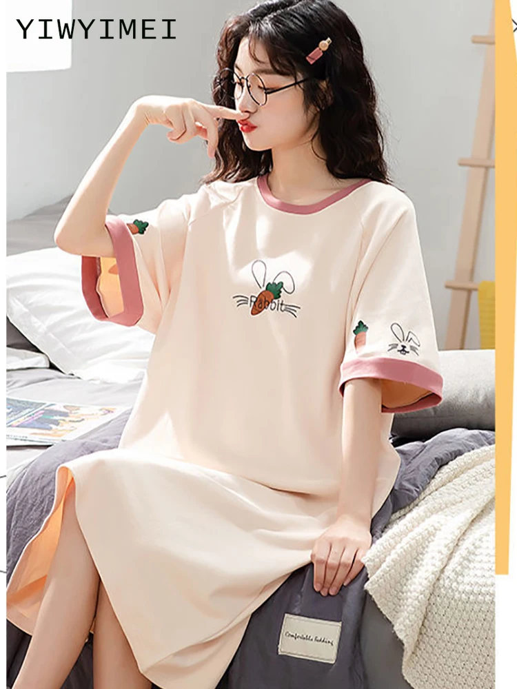 

2022 Summer Night Dress Women Nightgown Cartoon Print Sleepshirts Short-sleeves Nightie Nightdress Cotton Sleepwear