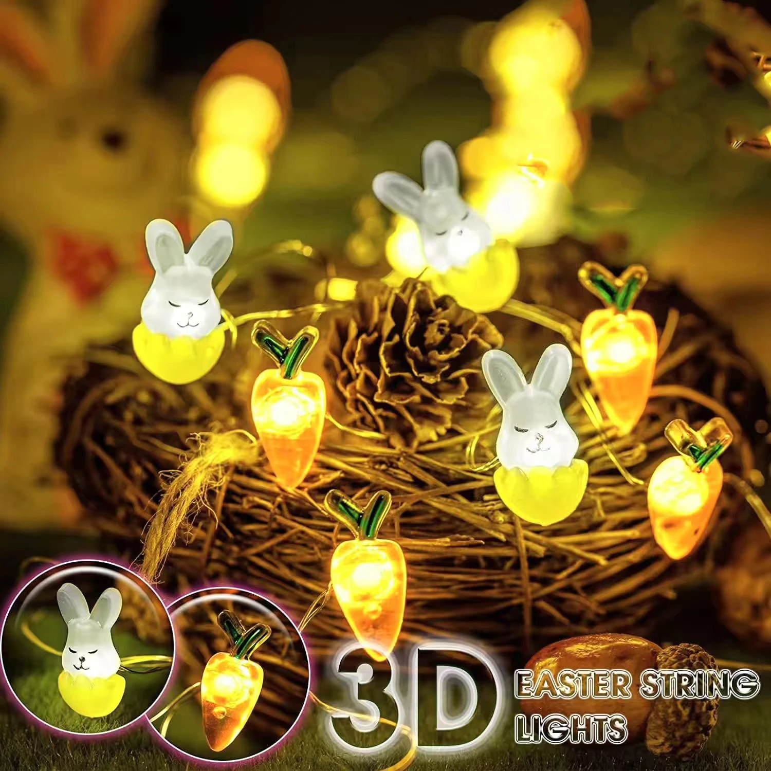 

2M 20LED Easter Bunny Carrot String Lights Easter Eggs Chicks Led Fairy Light Happy Easter Party Decoration For Home Easter Gift