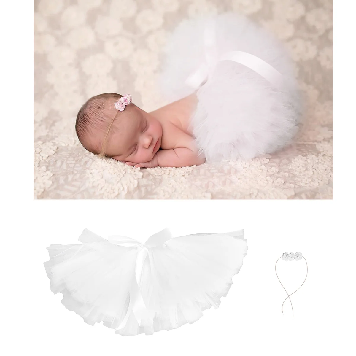 

Newborn Photography Props Girl Tutu Skirt Flower Headband Crown Headdress for Infant Photo Booth Props 0- 12 Month Tulle skirts
