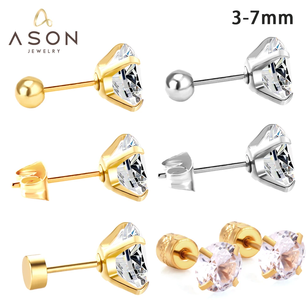

ASONSTEEL 1Pair Stainless Steel Luxury Surgical Piercing Stud Earrings Cubic Zirconia Gold Color Women Men Jewelry 4Prong Tragus