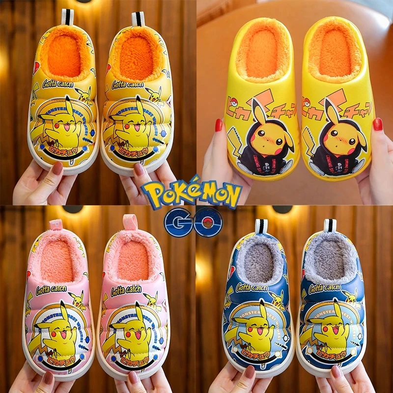 Зимние домашние тапочки для мальчиков и девочек с изображением покемона Пикачу