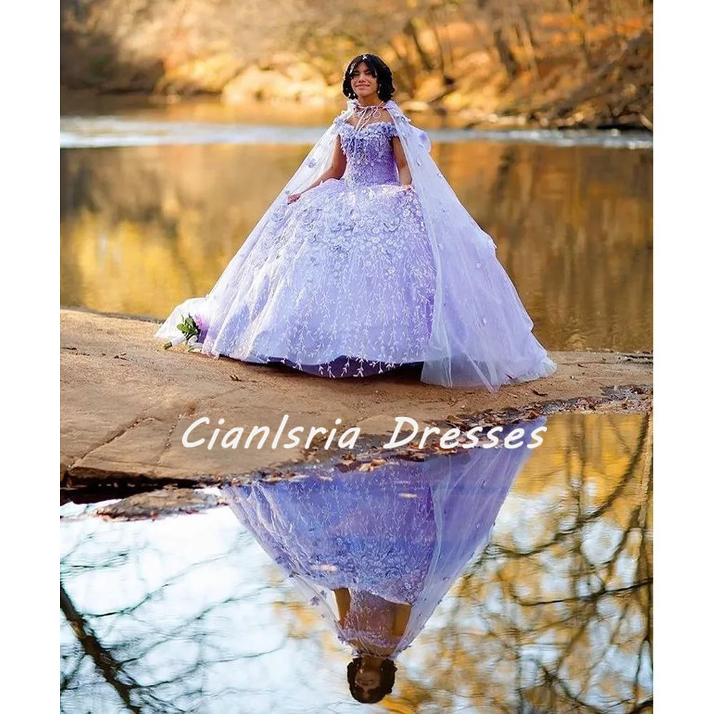 

lavender Quinceanera Dresses With Cape Beaded 3D Flowers Formal Birthday Prom Gowns Off The Shoulder Sweet 15 16
