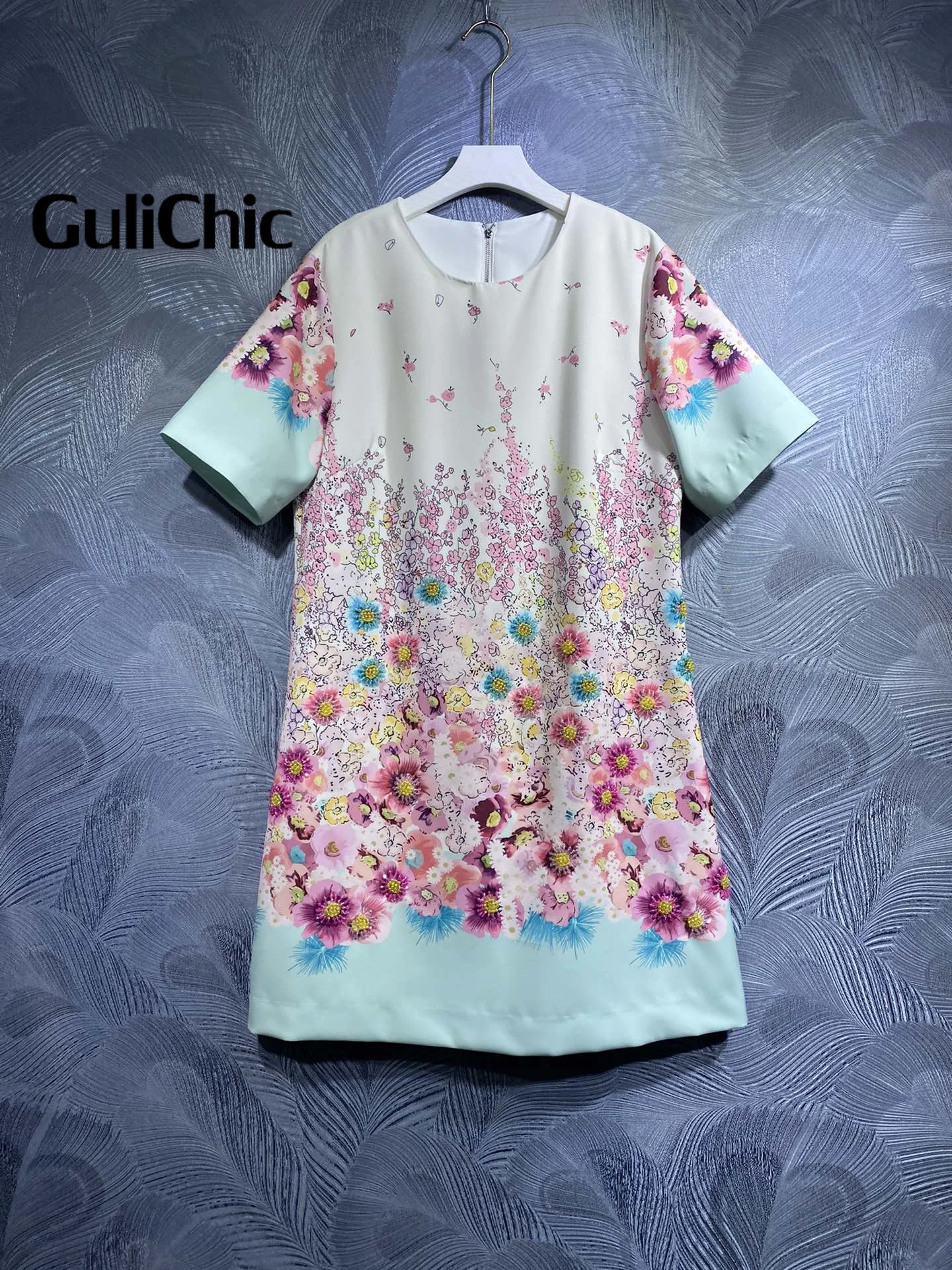 3.30 GuliChic Women Fashion Sweet Floral Print Beading Decorate O-Neck Short Sleeve Back Zipper Loose Casual Dress