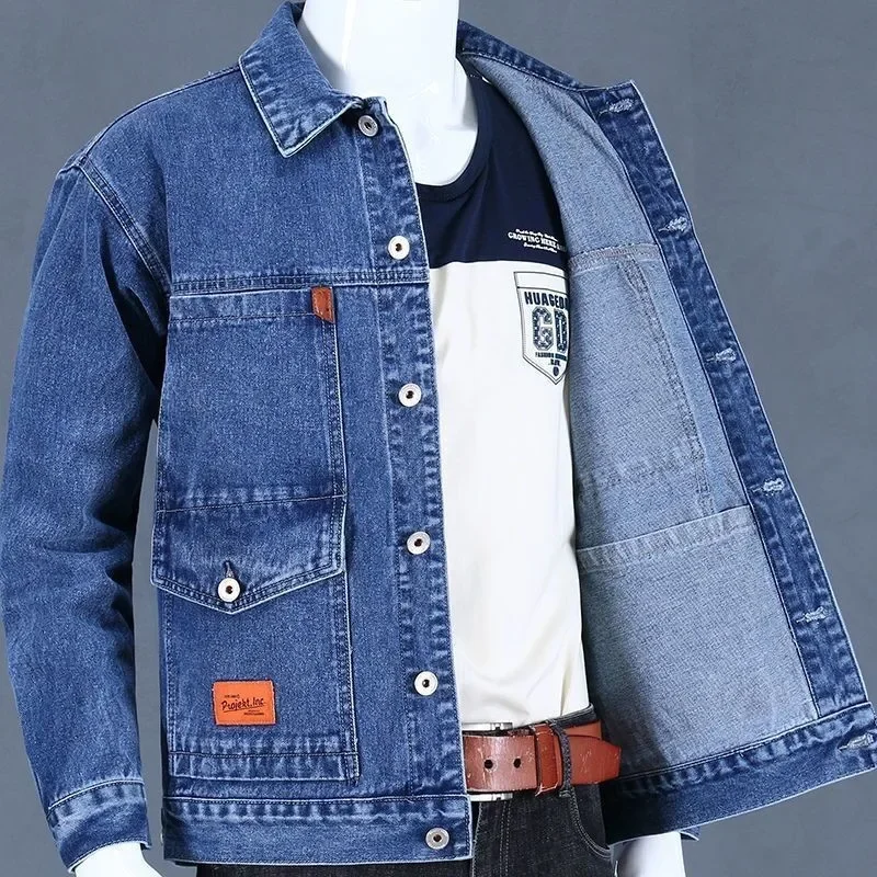 Men's Denim Jacket Winter Fashionable Casual Fleece-Lined Thickened Solid Color Top Spring Work Clothes