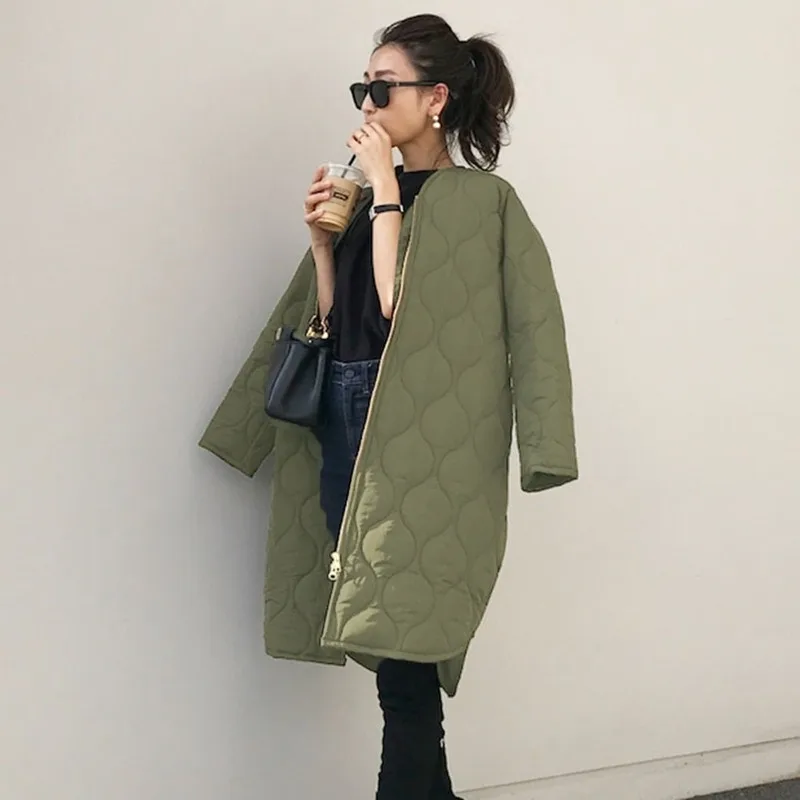 Winter Cotton Jacket Office Ladies Korean Warm Solid Color Zipper Retro Long Parka Coat Winter Coat Ladies