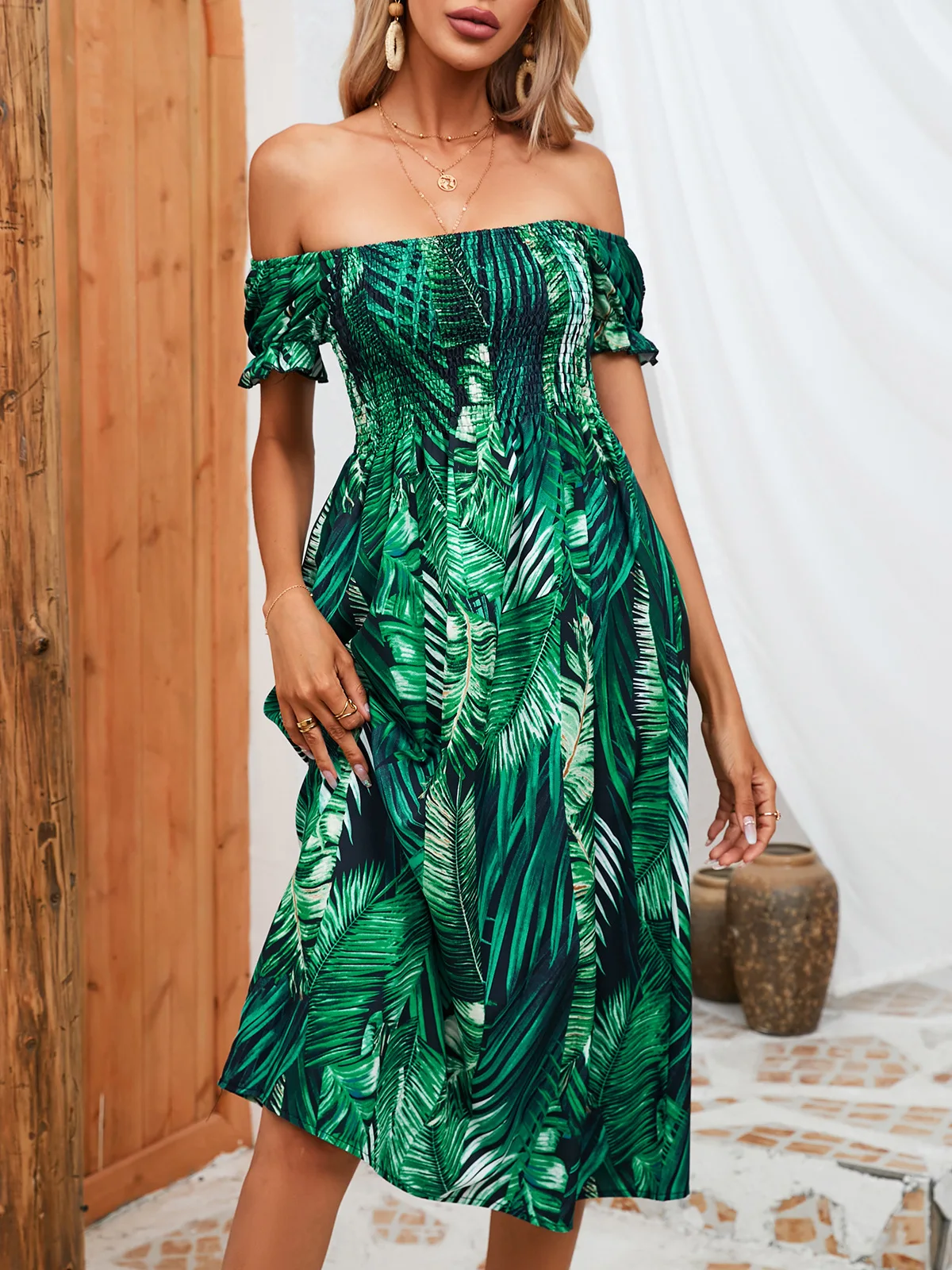 

2023 Summer Square Collar Print Dress Women Casual Short Sleeve Slim High Wasit Off The Shoulder Dresses
