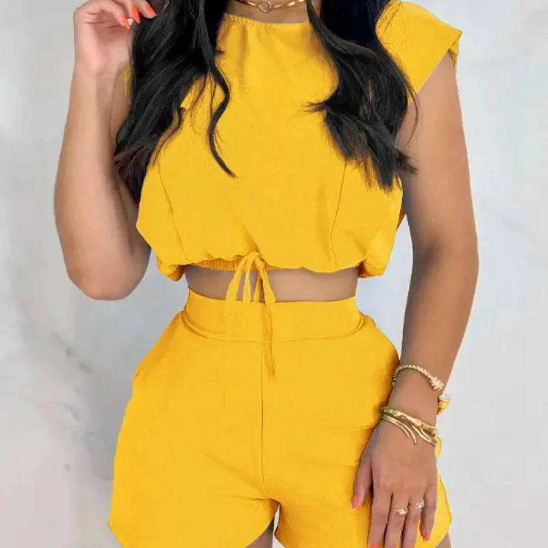 New Casual Trend Pattern Printed Mini Shorts Women's Suit 2023 Spring And Summer Fashion Sexy Solid Color Round Neck Tie Top