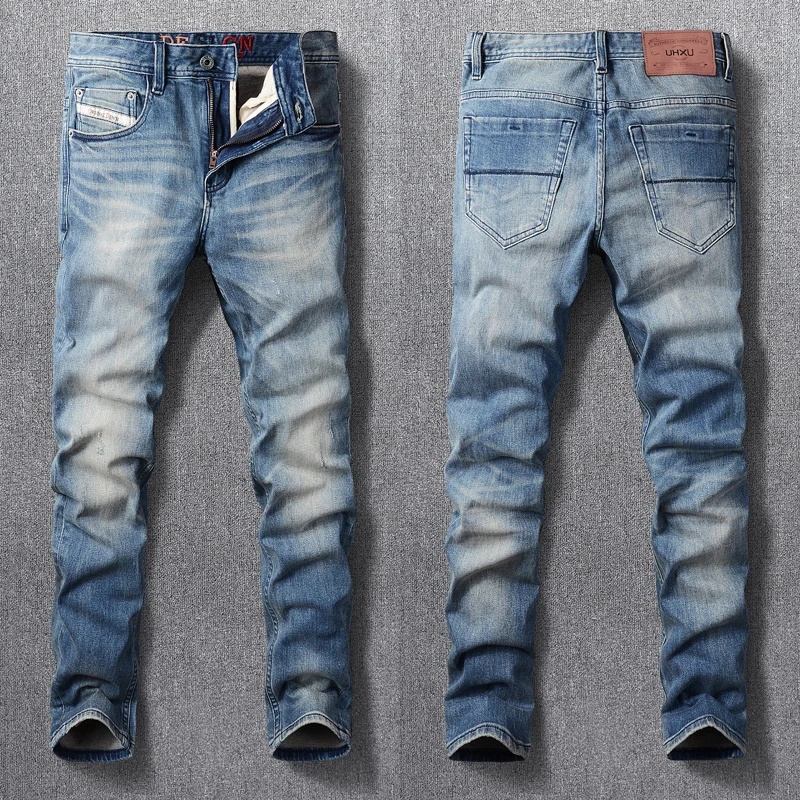 Vintage Fashion Men Jeans Retro Blue Elastic Slim Fit High Quality Ripped Jeans Men Denim Trousers Casual Designer Pants Hombre