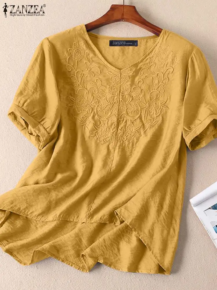 

Женская блузка ZANZEA, модные летние пуловеры с коротким рукавом, элегантный свободный кафтан с вышивкой, ретро топы, блузы