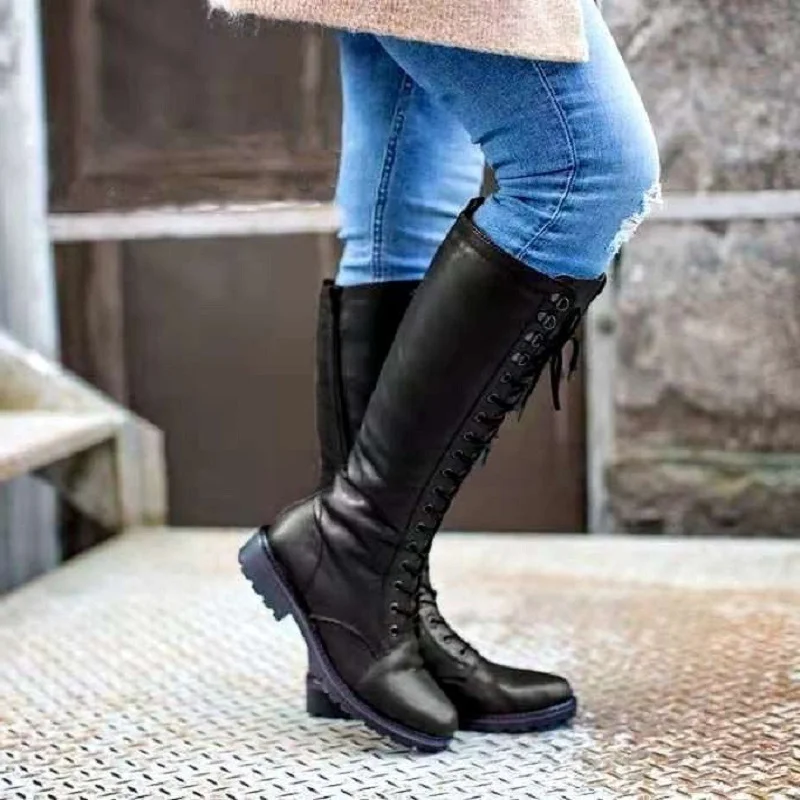 

Sexy Lace Up Knee High Boots Women Fashion Boots Flats Shoes Woman Square Heel Rubber Flock Boots Botas Winter Buckle Size 42