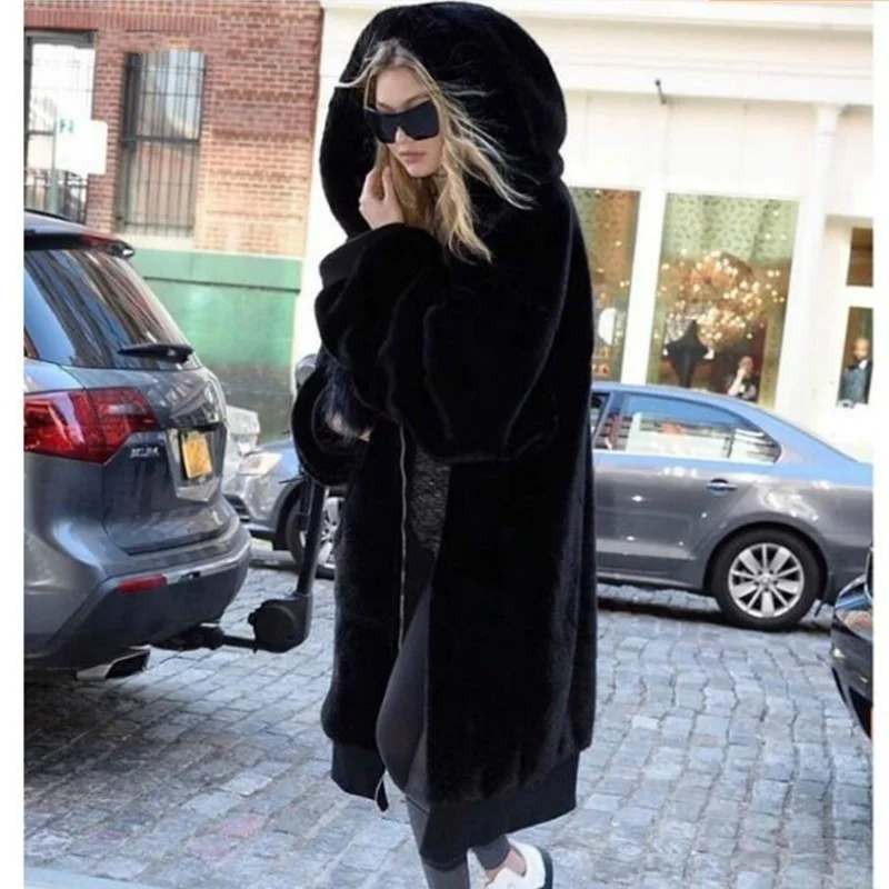 2023 New Long Solid Color Faux Fur Coats Women Outwear Loose Winter Warm Hooded Zipper Fur Jackets Female Fashion Casual Coat