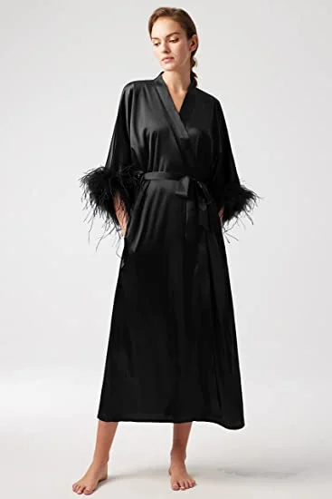 

Black Boudoir Wedding Floor Length Feather Blush Kimono Robe Bride to Be Hen Party Stain Silk Lingerie Maxi Dressing Gown Robes