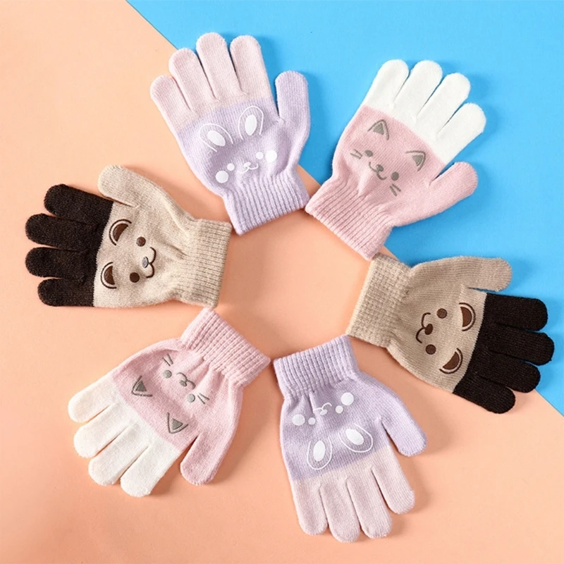 

Cartoon Bear Bunny Cat Pattern Glove Winter Warm Gloves Boys Girls Kids Outdoor Playing Winter Gloves for 4-8 Years Old