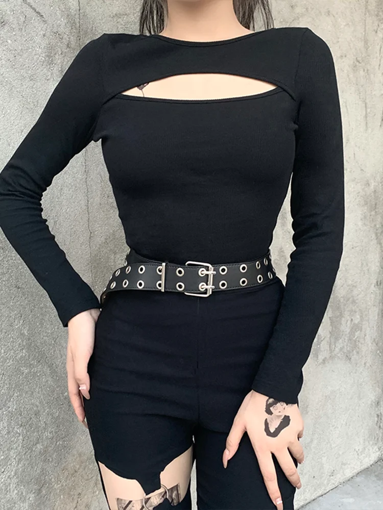 Женская Винтажная Футболка InsGoth черная облегающая футболка с длинным рукавом в