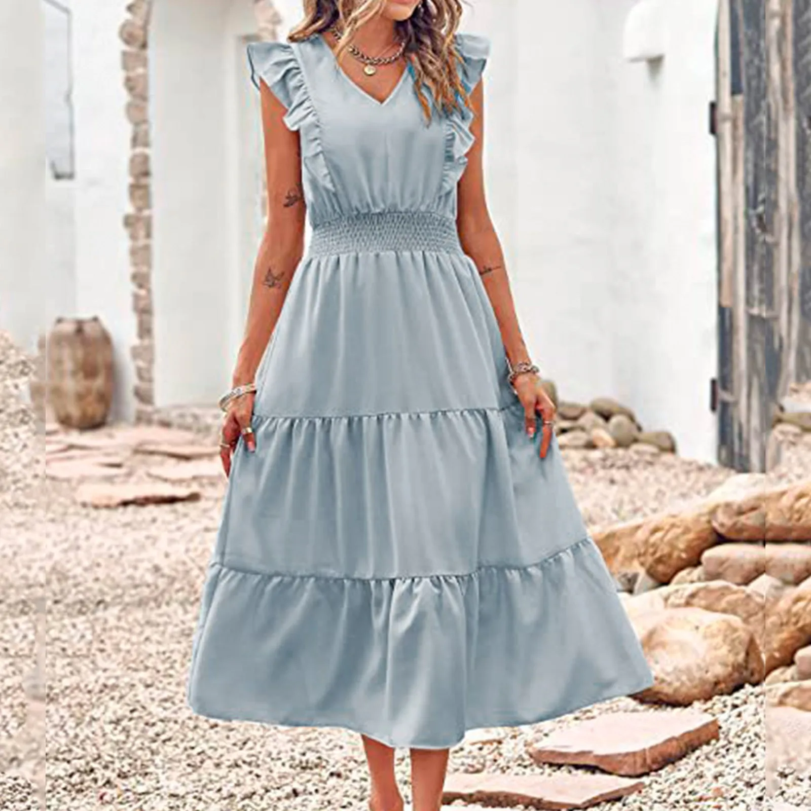 

Женское длинное платье макси с оборками, без рукавов, с v-образным вырезом, с эластичной резинкой на талии, Элегантное летнее пляжное платье для женщин