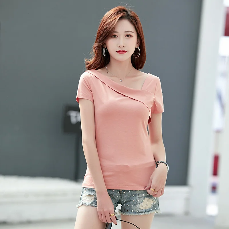 

2022 summer dress celebrity style short sleeve T-shirt women's diagonal shoulder collar temperament high sense modal comfortable