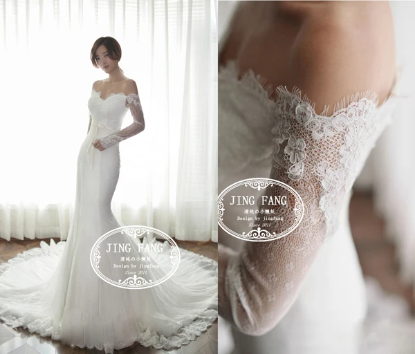 

bridal gown romantic new fashionable sexy long sleeve vestido de novia casamento lace mermaid wedding dress 2014 free shipping