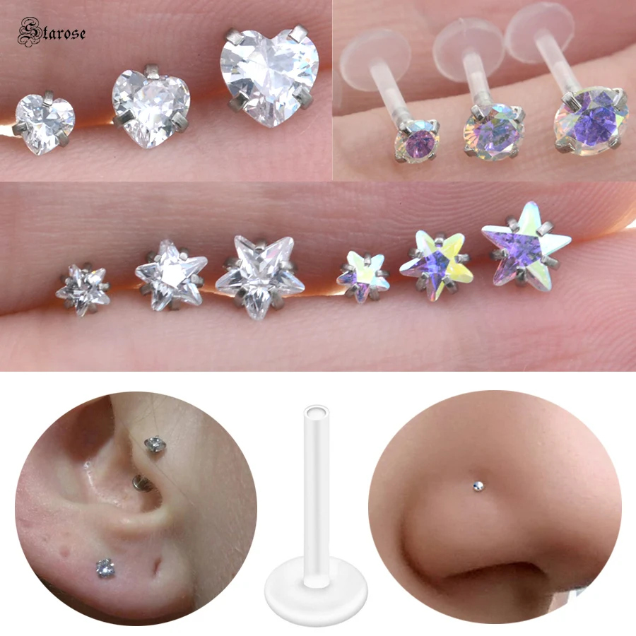 

1 Pair 1.2x6/8mm Bar 3/4/5mm Acrylic Heart Star Round Ear Piercing Labret Piercing Nariz Nose Piercing Helix Earrings Nose Studs