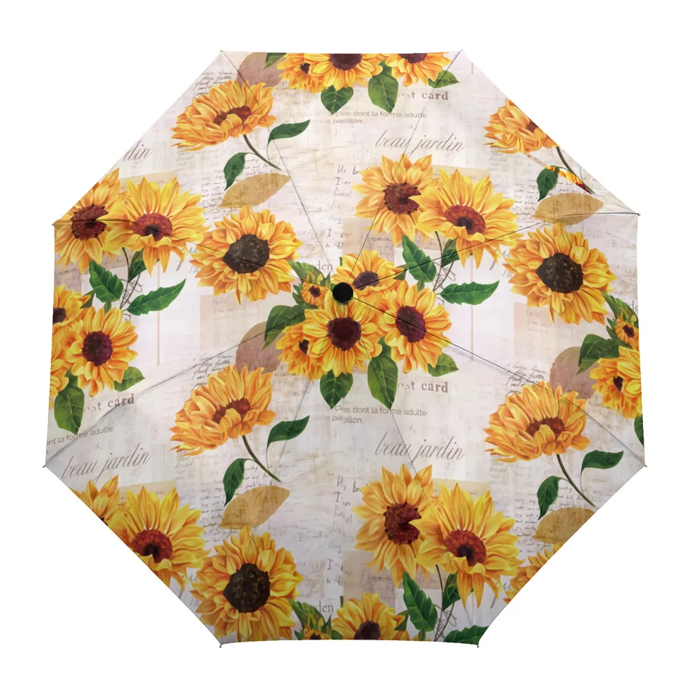 

Sunflower Old Newspaper Background Creative Umbrella Rain Women Automatic Three Folding Umbrellas Windproof Parasol Parapluie