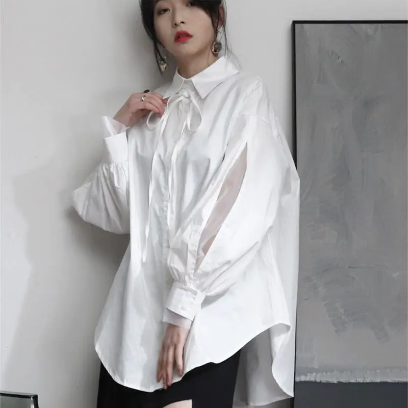 

SuperAen Spring Autumn New 2022 Puff Sleeve Organza Turn Down Collar Casual Solid All Match Loose White Shirt Womens Tops