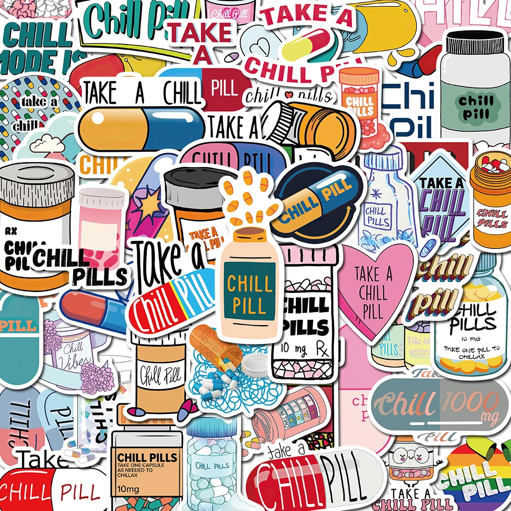

10/52PCS Chill Pill Cartoon Stickers Vintage For DIY Car Notebook Guitar Motorcycle Laptop Luggage Suitcase Graffiti Decals