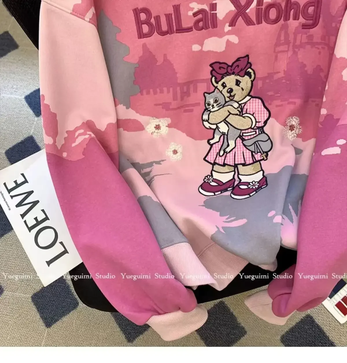 Розовые толстовки с принтом кота и медведя женские круглым вырезом длинными