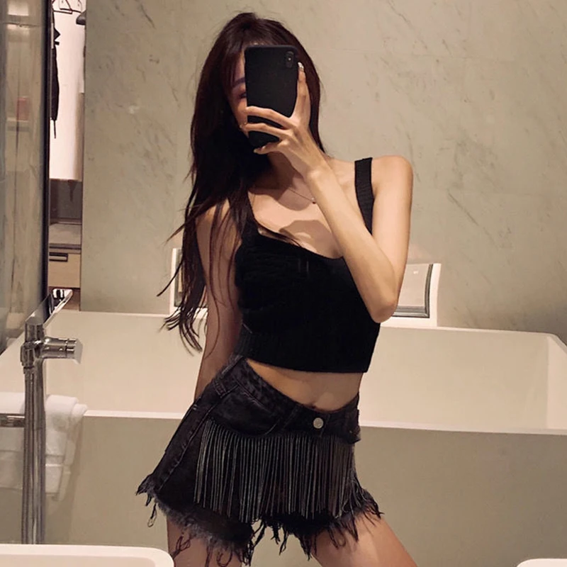 2023 Women Hong Kong Flavor Tassels Student Loose High Waist Show Thin All-match Denim Shorts Summer Female Short Jeans Fashion