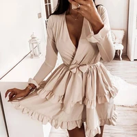 fashion new arrived flared sleeves ruffles v neck sexy dress women winter autumn long sleeve a line mini dresses solid sashes
