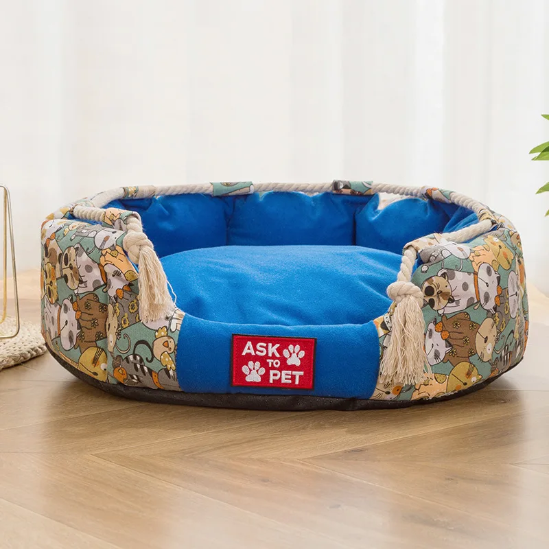 

Pet Dog Bed Nest Round Cartoon Printed Kennel Breathable Dogs Canvas House Pets Product for Small Medium