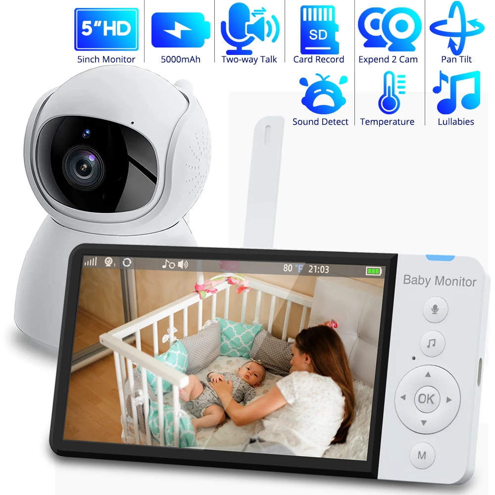 5.0 inch Wireless Video Baby Monitor 5000mAh Battery IPS Screen With Nanny PTZ Camera 2-way Audio VOX Lullaby SD TF Card Record