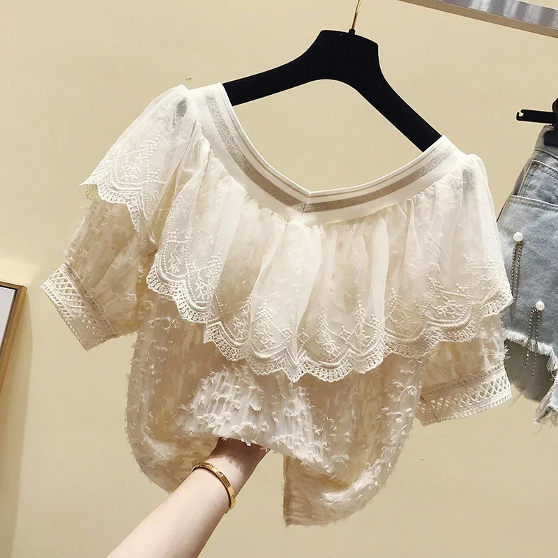 Летняя кружевная блузка для женщин Новая одежда детей с короткими рукавами и