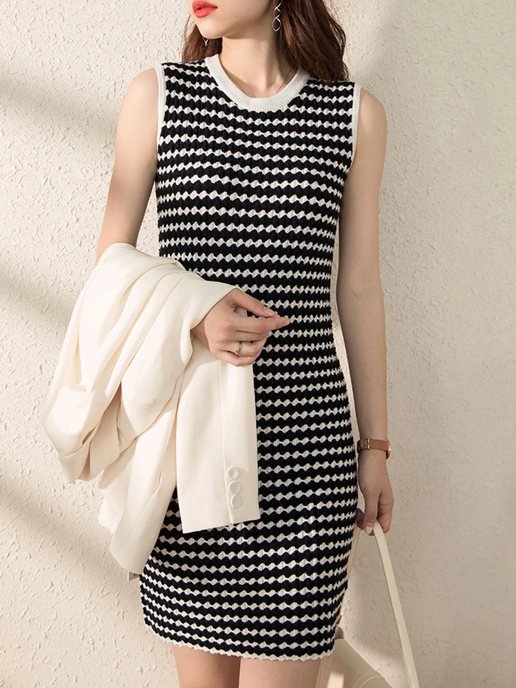 

Dress for Women Sleeveless High Elastic Pullover Wavy Knitted Elegant Three-dimensional Pleated Bottoming Sheath Office Lady Fit