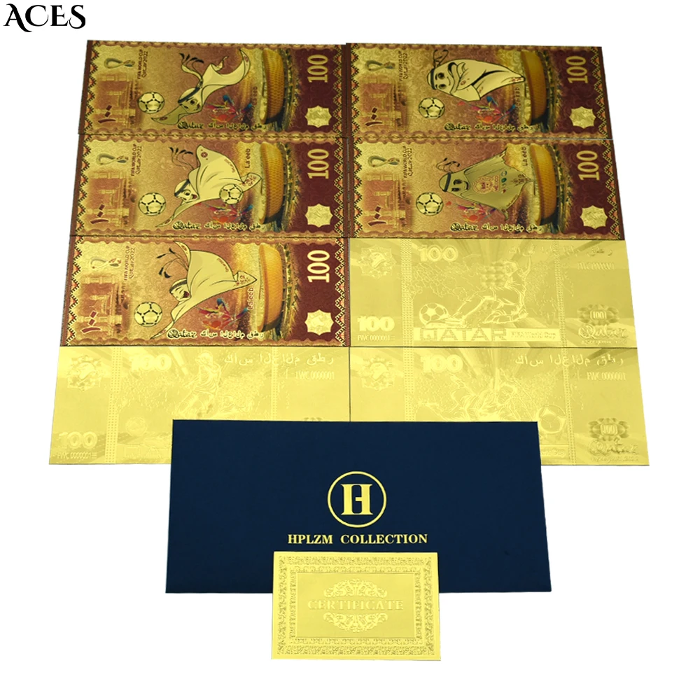 

8pcs 2022 Qatar Mascot Gold Foil Banknotes Full Set World Football Game Ticket In Envelope Collection Wholesale Items Home Decor
