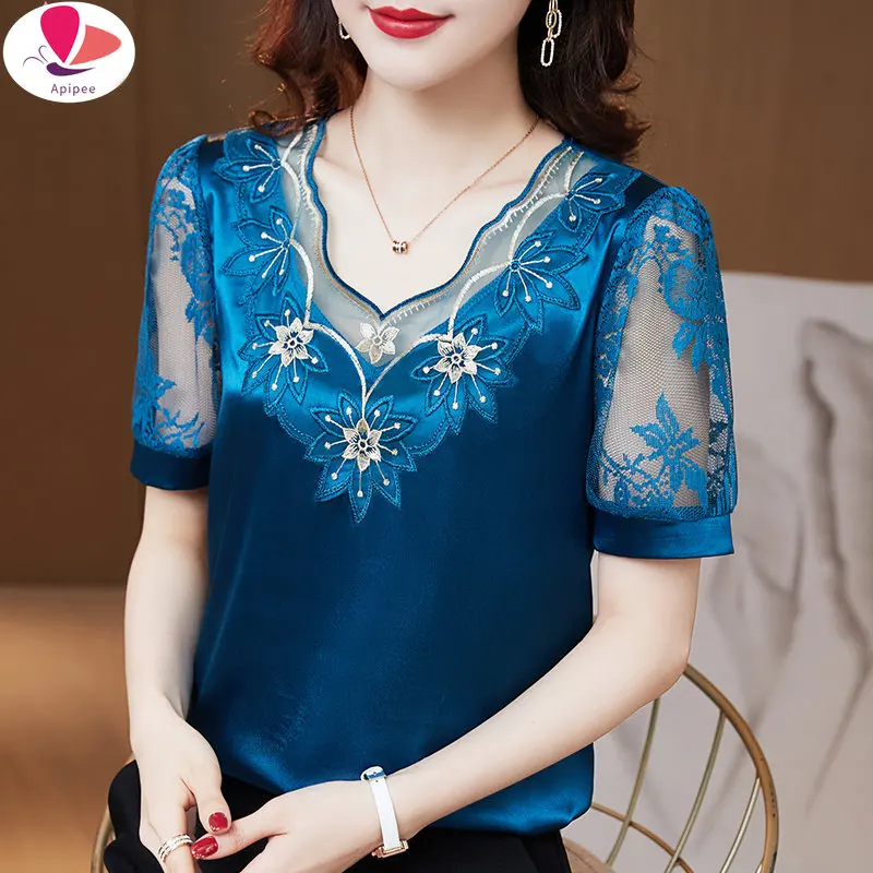 

APIPEE Lace Flower Embroidery Elegant Woman Satin Blouses 2023 Fashion Short Sleeve Shirts Youth Top Summer V Neck Silk Blusas