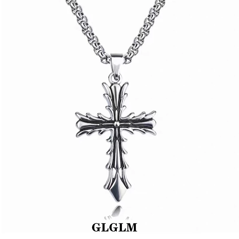 

GLGLM Retro Cross Necklace Men Trendy Simple Stainless Steel Chain Men Necklace Jewelry Gift