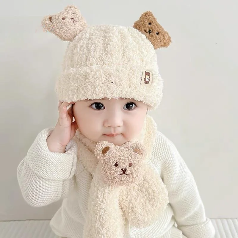 Baby Winter Bear Hat Scarf Set Cute Super Infant Children Plush Boys and Girls Warm Woolen Cap