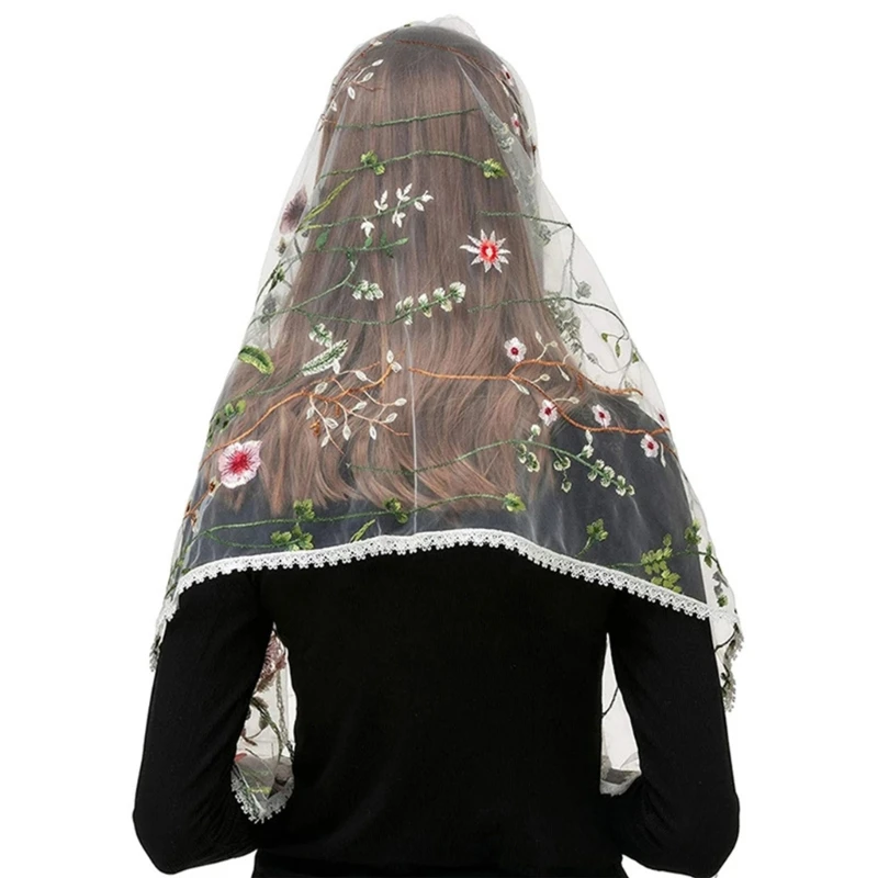 

J78E Floral sheer Shawl Embroidered Floral Shawl Headscarf Tudung Hijab Headcovering Scarf Church Shawl Wraps For Women