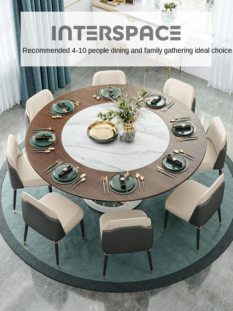 

rock board light luxury solid wood round dining table chair combination household round dining table with embedded turntable