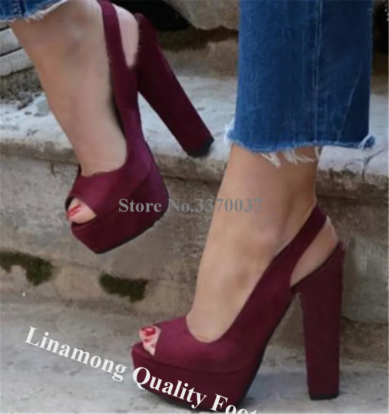 Purple Suede Chunky Heel Pumps Linamong Elegant Peep Toe High Platform Thick Heel Shoes Blue Red Party Dress High Heels Big Size